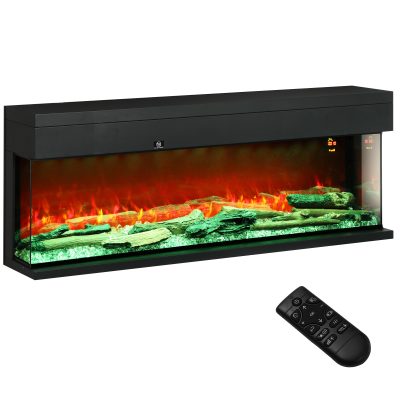 HOMCOM Șemineu Electric Încorporabil cu Efect de Flăcări 3D, Oprire Automată și Termostat, 127x26x50 cm, Negru | Aosom Romania
