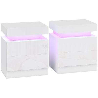 HOMCOM Set 2 Noptiere LED cu 4 Moduri, 2 Sertare, PAL, 45x35x52 cm, Alb Lucios | Aosom Romania