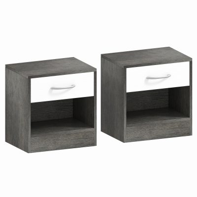 HOMCOM Set 2 Noptiere Moderne cu Raft Deschis și Sertar Alb Gri închis | Aosom Romania