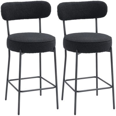HOMCOM Set 2 scaune de bar cu șezut tapițat și suport pentru picioare, tapițerie fleece, cadru metalic, Negru | Aosom Romania