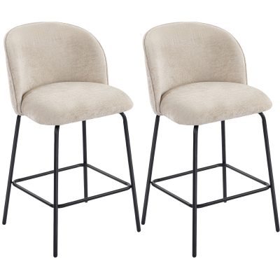 HOMCOM Set 2 Scaune de Bar din Chenille, 68 cm, cu Spătar și Suport pentru Picioare, Cadru din Oțel, Bej | Aosom Romania
