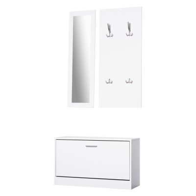 HOMCOM Set 3 Piese Suport pantofi Suport haine Oglinda pentru Hol sau Dormitor, din Lemn, 80x27x46,5cm, Alb | Aosom Romania