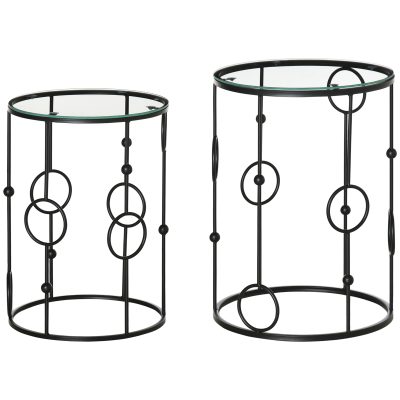 HOMCOM Set de 2 Măsuțe de Cafea Stivuibile din Metal și Sticlă Securizată, Design Modern Ø41x57cm și Ø36x51cm, Negru | Aosom România
