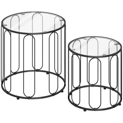 HOMCOM Set de 2 mese auxiliare tip nido cu structură metalică și blat din cristal Ø50x50 cm și Ø40x40 cm negru | Aosom Romania