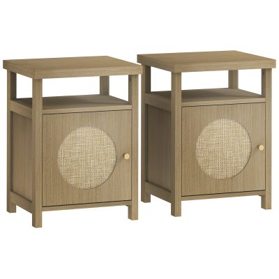 HOMCOM Set de 2 noptiere înguste masă auxiliară compartiment deschis dulap finisaj ratan, 40 x 35 x 55 cm maro | Aosom Romania