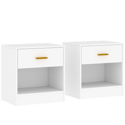HOMCOM Set de 2 Noptiere Moderne cu Sertar și Raft Deschis din Pal Melaminat, 39x28x41 cm, Alb | Aosom Romania