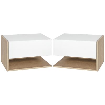 HOMCOM Set de 2 Noptiere murale - Set de 2 Noptiere - Sertar Glisant, Raft, Bicolor Aspect stejar Alb | Aosom Romania