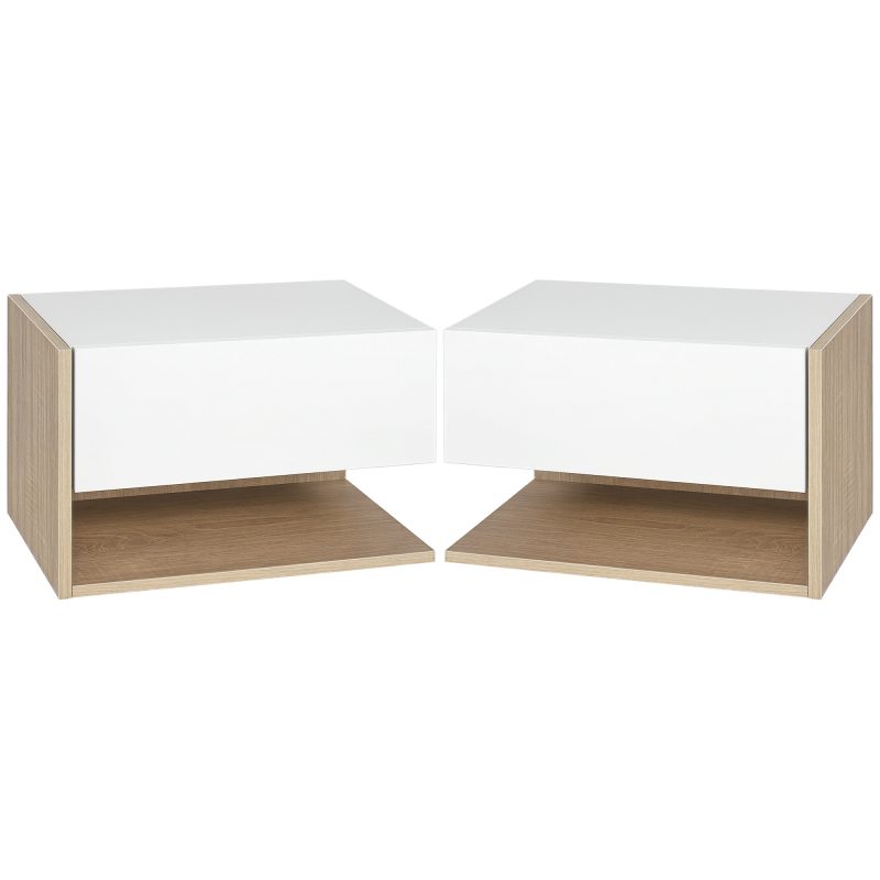 HOMCOM Set de 2 Noptiere murale - Set de 2 Noptiere - Sertar Glisant, Raft, Bicolor Aspect stejar Alb | Aosom Romania