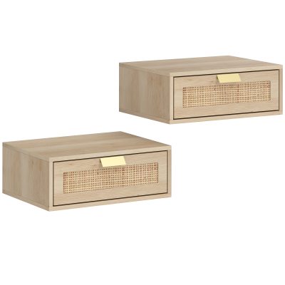 HOMCOM Set de 2 Noptiere Suspendate cu Sertar din Ratan Economisește Spațiu Design Modern 40x30x15 cm Natural | Aosom Romania