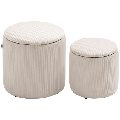 HOMCOM Set de 2 Pouf-uri pentru Depozitare Salvaspazio Rotunde și Îmbunătățite din Catifea cu Nervuri, Alb | Aosom Romania