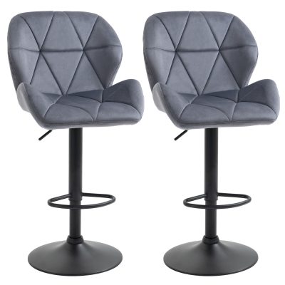 HOMCOM Set de 2 Scaune de Bar cu Înălțime Reglabilă, Bază Metalică și Șezut din Catifea, 51.5x57.5x93-114.5 cm, Gri | Aosom Romania