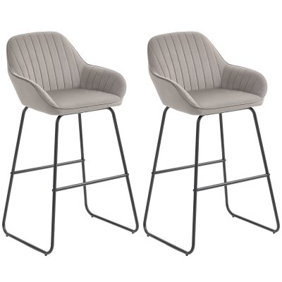 HOMCOM Set de 2 scaune de bar, Scaune de bar cu tapițerie și spumă, Scaune căptușite cu picioare metalice, Gri | Aosom Romania