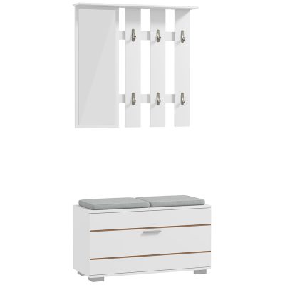 HOMCOM Set de Depozitare pentru Hol 4-în-1, Cuiere, Oglindă, Bancă pentru Încălțăminte cu Scaun, 85x35x49 cm, Alb | Aosom Romania