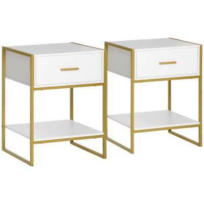 HOMCOM Set din 2 Noptiere Moderne, Noptiere cu Raft și Sertar, Organizatoare de Depozitare pentru Dormitor, 45x40x60 cm, Alb | Aosom Romania
