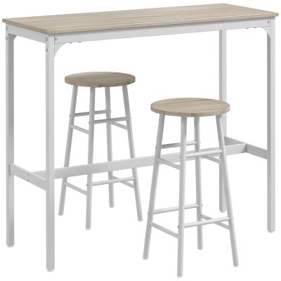 HOMCOM Set masă înaltă de bar + 2 scaune cu structură din oțel și blat cu aspect de lemn natural, pentru 2 persoane, alb | Aosom Romania