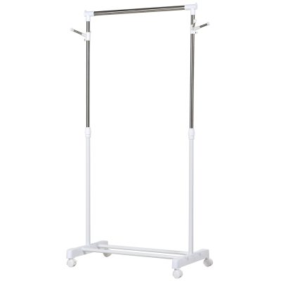HOMCOM Suport de Haine din Oțel Inoxidabil, Reglabil pe Înălțime cu Bază de Depozitare și 4 Roți, 68,5x42x87-145 cm, Alb și Argintiu | Aosom Romania