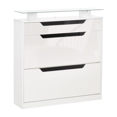 HOMCOM Suport pentru Pantofi cu 2 Sertare pentru 16 Perechi de Pantofi cu Etajeră Reglabilă și Raft din Sticlă, 89x23x96cm, Alb Lucios | Aosom Romania