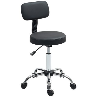 HOMCOM Taburet cu Roți, Rotativ 360°, Reglabil pe Înălțime, Piele Ecologică, Metal, 46x51x78-93 cm, Negru | Aosom Romania