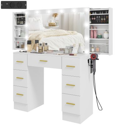 HOMCOM Tocator cu oglinda si 12 lumini LED, Tocatoare cu 7 sertare, 6 rafturi ascunse, PAL, Alb | Aosom Romania