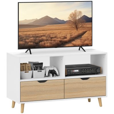 HOMCOM TV-bench, TV-kommod cu sertare, rafturi deschise, lemn, 99 x 39 x 58 cm, Alb | Aosom Romania