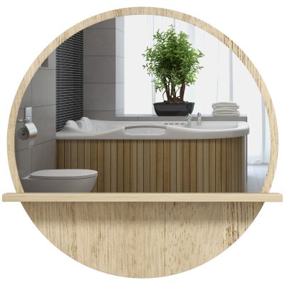 kleankin Oglindă de Baie Rotundă din PAL și Sticlă cu Raft pentru Depozitare și 2 Cârlige pentru Fixare, Ø45x10 cm, Lemn Natural | Aosom Romania