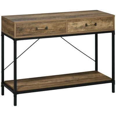 Masă Consolă Vintage HOMCOM din Metal și Lemn, Design Elegant cu 2 Sertare și Raft, Maro, pentru Living, Sufragerie | Aosom Romania