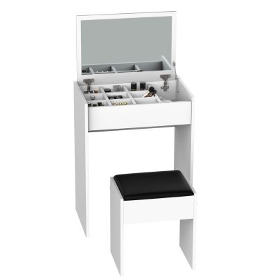 Masa de Machiaj cu Scaun si Container pentru depozitare si Oglinda Pliabila Alba 60,2x40,2x79cm HOMCOM | Aosom Romania