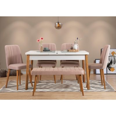 Masă extensibilă cu scaune Santiago, Diverse culori, Diverse configurații, 120x75x77 cm - Pin atlantic - Alb - Piatră / 6 bucăți