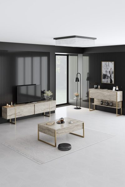 Măsuță de cafea Luxe, Diverse culori, 90x60x40 cm - Travertin - Auriu