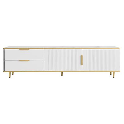 Mobilă TV joasă cu textură sculptată, mânere și picioare aurii, structură cu efect de marmură pentru living, 175x40x45 cm, albă