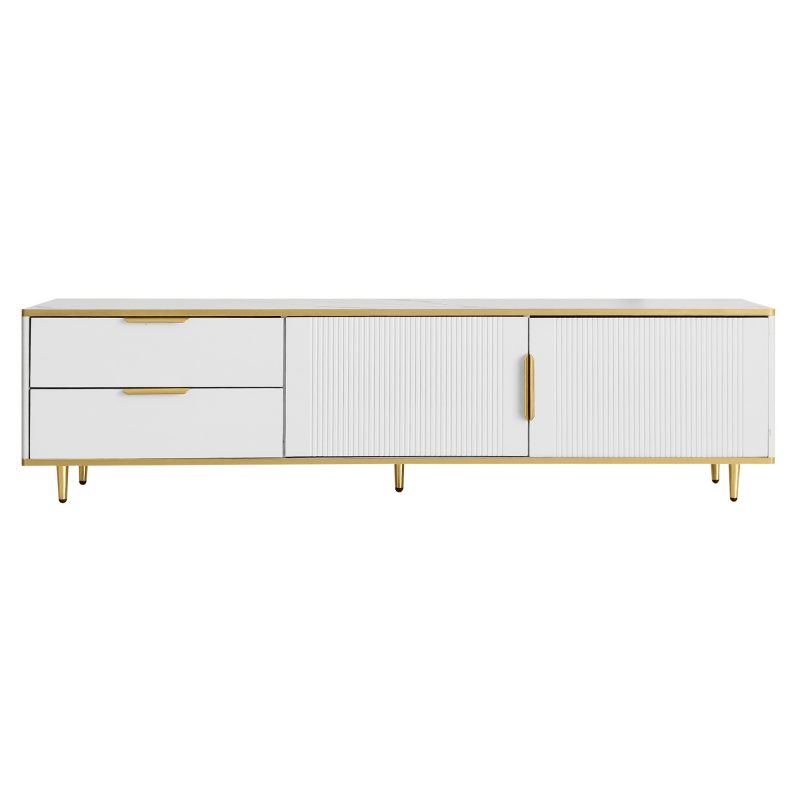 Mobilă TV joasă cu textură sculptată, mânere și picioare aurii, structură cu efect de marmură pentru living, 175x40x45 cm, albă