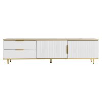 Mobilă TV joasă cu textură sculptată, mânere și picioare aurii, structură cu efect de marmură pentru living, 175x40x45 cm, albă