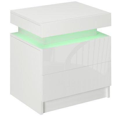 Noptiera alba HOMCOM cu lumina LED RGB, noptiera frontala lucioasa cu 2 sertare, pentru camera de zi, dormitor | Aosom RO