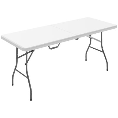 Outsunny Masă de Camping Pliabilă cu Mâner, Cadru Metalic și Blat din Plastic, 180x74x74 cm, Alb | Aosom Romania