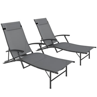 Outsunny Set de 2 Șezlonguri Pliante, Ajustabile în 4 Poziții cu Cotiere și Perne, 64x154x87 cm, Gri | Aosom Romania