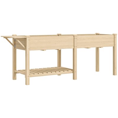 Outsunny Strat Înălțat de Grădină cu Masă Laterală, Raft Inferior și  Orificii de Drenaj, 207x59x78 cm, Lemn Natural | Aosom Romania