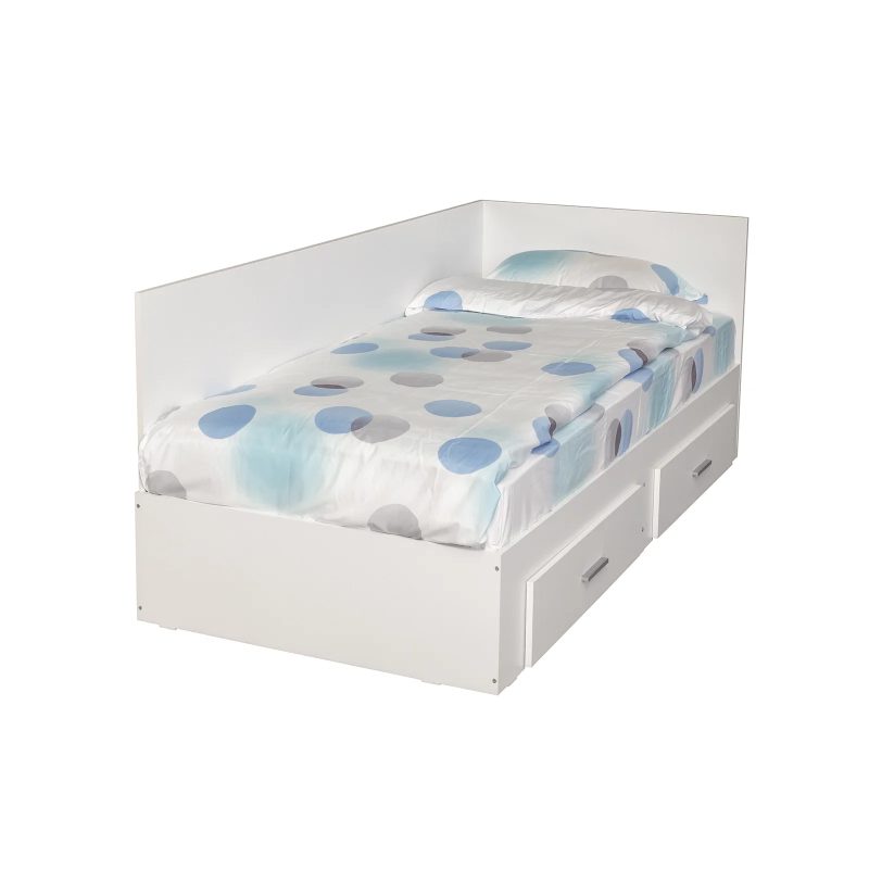Pat Colt Alma Drept 90x200 cm, cu 2 sertare laterale pe role, colt interschimbabil, alb