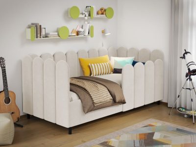 Pat de colt copii 90x190 cm, Ninio, cu lada de depozitare, rabatabil, C4 Crem - Swing 1
