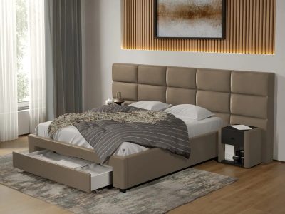 Pat tapitat Cico cu sertar 287 x 114 C2 din piele/stofa Bej - Nube 11