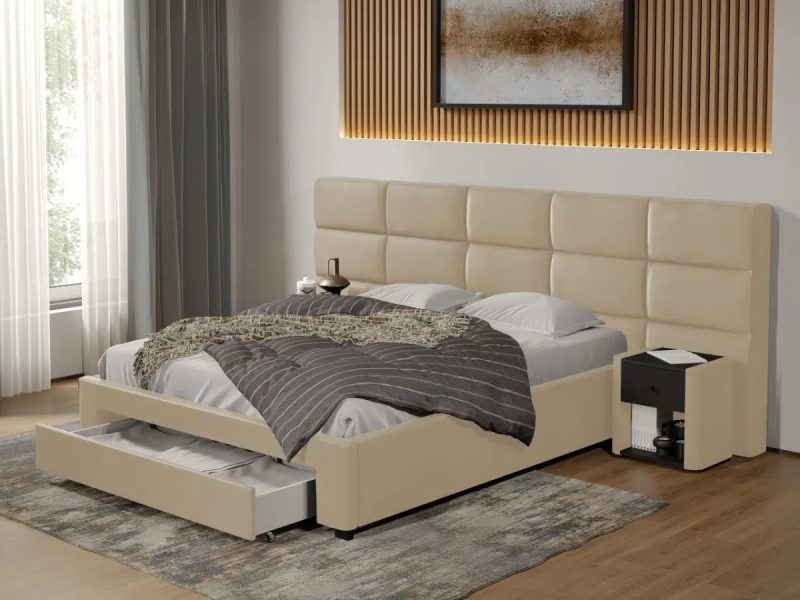 Pat tapitat Cico cu sertar 287 x 114 C2 din piele/stofa Crem - Nube 4