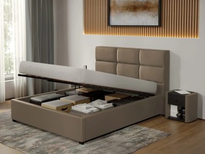 Pat Tapitat Cico de 190 rabatabil 170 x 114 C1 din piele/stofa Bej - Nube 11 180x190