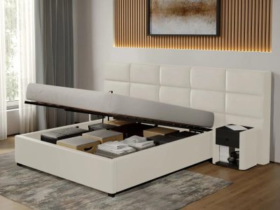 Pat Tapitat Cico de 190 rabatabil 287 x 114 C2 din piele/stofa Alb - Nube 1 160x190