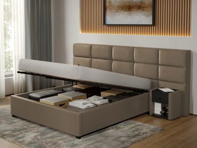 Pat Tapitat Cico de 190 rabatabil 287 x 114 C2 din piele/stofa Bej - Nube 11 140x190