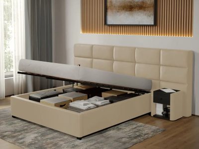 Pat Tapitat Cico de 190 rabatabil 287 x 114 C2 din piele/stofa Crem - Nube 4 160x190