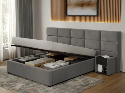 Pat Tapitat Cico de 190 rabatabil 287 x 114 C2 din piele/stofa Gri - Falcone 21 160x190