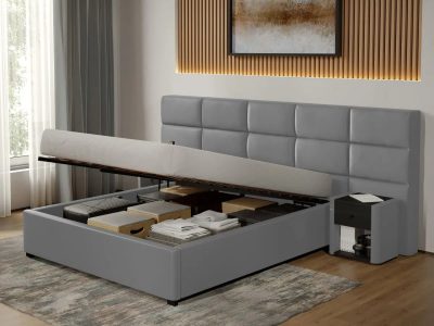 Pat Tapitat Cico de 190 rabatabil 287 x 114 C2 din piele/stofa Gri - Nube 81 180x190