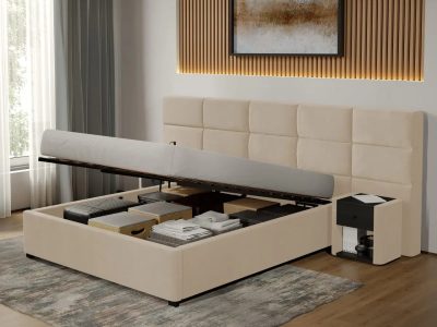 Pat tapitat Cico rabatabil 287 x 114 C2 din piele/stofa Bej - Falcone 102 180x200