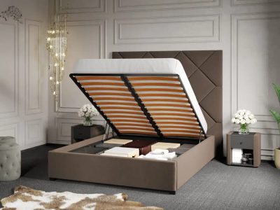Pat Tapitat cu Panou 191x170 C2 Dubai pentru saltea de 190 rabatabil cu lada Cappuccino - Velluto 29 140x190