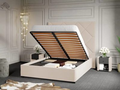 Pat Tapitat cu Panou 191x170 C2 Dubai pentru saltea de 190 rabatabil cu lada Crem - Velluto 2 160x190