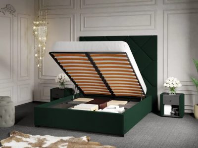Pat Tapitat cu Panou 191x170 C2 Dubai pentru saltea de 190 rabatabil cu lada Verde Inchis - Velluto 27 140x190